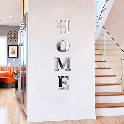 Sticker Mural Miroir Acrylique - 3D Home Lettres Décoratives - Auto-Adhésif Amovible - Pour Mur Lisse Verre Carrelage Métal - 4 Pièces (23x22 cm + 30x28 cm) (1/5)