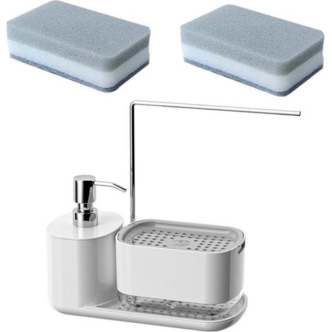 Juego de dispensador de jabón de cocina con bandeja y soporte para esponja, prácticos utensilios de cocina, blanco (1/5)