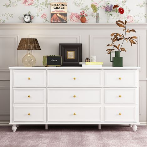 Fufu&Gaga – Commode blanche 9 tiroirs en MDF 160 x 40 x 80 cm – Poignées en métal doré – Rangement optimal pour salon (1/5)