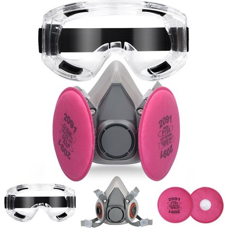 Mascarilla respiratoria reutilizable de media cara con 4 filtros (2097) y gafas protectoras, tapones para los oídos para pintura, polvo, productos químicos, epoxi, corte, pulido, rojo. (1/4)