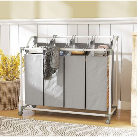 Cesto de ropa sucia de 4 compartimentos 160 L con ruedas y bolsas extraíbles gris HAVRYA (1/5)