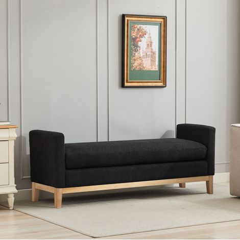 Banquette rembourrée noire avec pieds en bois et 2 coussins ronds pour chambre, salon et entrée (1/5)