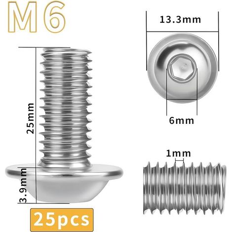 25 vis M6 en acier inoxydable, vis à tête bombée M6 x 25 mm avec bride et six pans creux, vis à métaux A2 V2A, vis à tête hexagonale bouton en acier inoxydable, entièrement destinées à l'ingénierie mé (1/5)