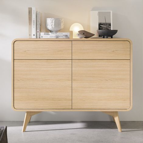 Commode Cornwall KSZ108 - Chêne - Arrondi - 2 Tiroirs - Largeur 108 cm, Hauteur 84 cm, Profondeur 39 cm (1/5)