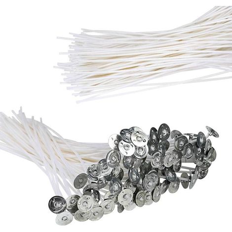 Lot de 100 mèches de bougie fonctionnelles sans fumée – Mèche en coton pré-ciré avec languettes de maintien en métal pour la fabrication de bougies piliers et le bricolage, 20 cm