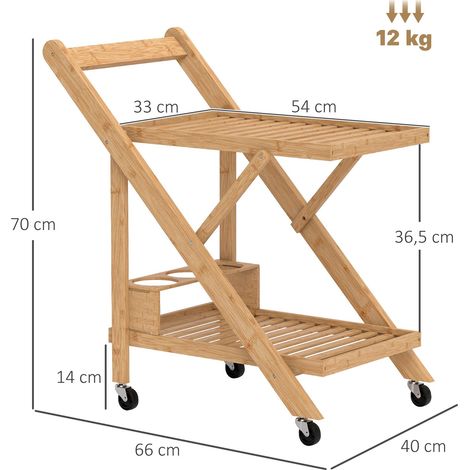 Desserte de cuisine en bambou chariot de service pliable 2 plateaux 4 roues 3 casiers à vin 66 x 40 x 70 cm bois naturel (1/5)