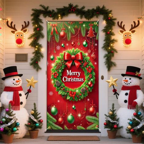 Bannière de porte Monstre de Noël, Décoration de porte d'entrée, Décoration extérieure pour les fêtes, Drapeau Joyeux Monstre de Noël - 90 x 180 cm (Perforation + Ruban) - Modèle 32