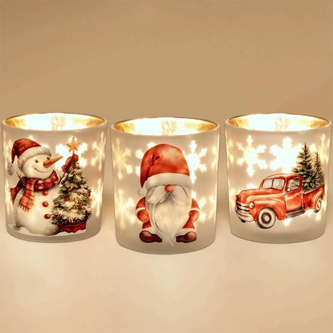 Photophore Noel en Verre pour Decoration Noël, Lot De 3 Photophore Bougie pour Bougie Chauffe Plat, Blanc Rouge Doré Bougeoir Noël Table à GNOME Bonhomme de Neige, pour Fête Interieur Salon (1/5)