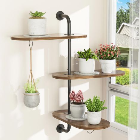 Étagère rotative 3 niveaux, support plantes intérieur extérieur bois, 3 crochets, 3 tapis antidérapants, étagère fenêtre, pots fleurs (1/5)