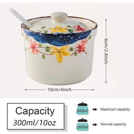 Sucrier en céramique JeiibrZui avec cuillère - 300 ml - 1 pièce - Blanc - Porte-épices robuste pour la cuisine et le coin café (1/4)
