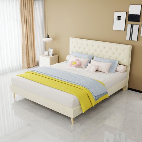 Cama 160 x 200 cm beige con espacio bajo cama, madera, sin colchón MEUBLIV (1/5)