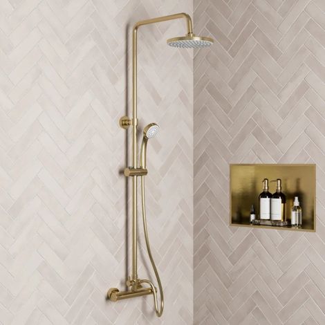Thermostatic Mixer Shower Round Dual Head Riser Rail Handset Valve Brushed Brass (1/5)