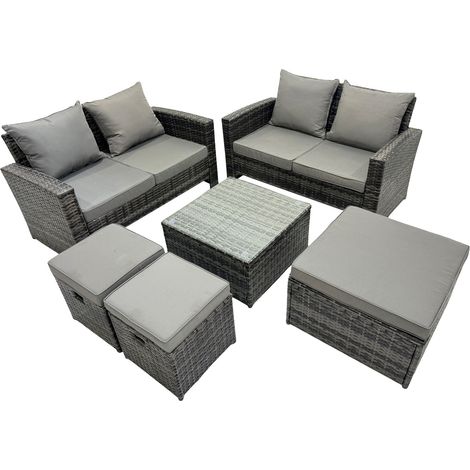 Fimous PE Rattan Garden Furniture Set Lounge Double Seat Sofa Coffee Table Set with 3 Stools Dark Grey Mixed (1/5)