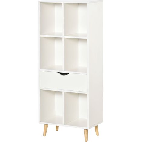 Bücherregal mit einer Schublade und Holzbeinen, sechs offenen Ablagefächern, 50 x 29,5 x 120 cm, weiß (1/5)