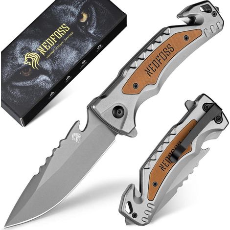 Klappmesser mit Gurtschneider, Glasbrecher und Flaschenöffner, Einhandmesser orange