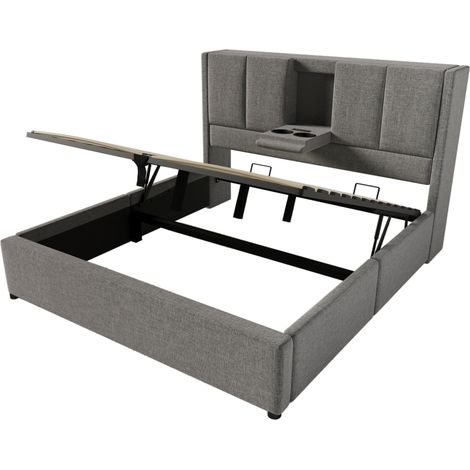 Letto imbottito 140x200 cm grigio con contenitore, USB-C e portabicchieri, rete a doghe (1/5)