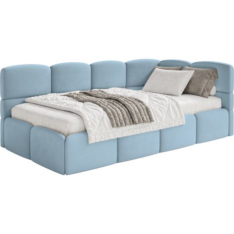 Selsey Cloudy – Jugendbett 120x200, Kopfteil rechts, Matratze & Bettkasten, Samt Hellblau