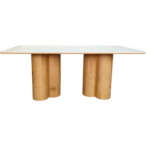 Table à manger rectangulaire 8 pers. en céramique effet Marbre blanc et piètement effet bois 180x90 cm - Kaolin