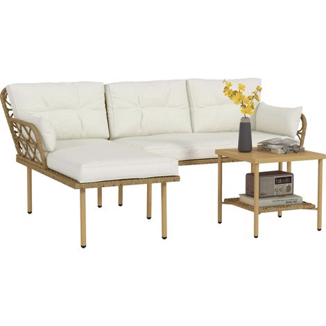 Salon de jardin d'angle 4 pers. 3 pièces avec 1 table basse coussins grand confort inclus résine tressée crème (1/5)
