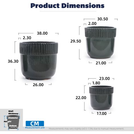 Set de 3 pots de fleurs en céramique artisanale (Ø 38/30,5/23 cm), vert foncé brillant à nervures verticales, respirant, résistant au gel, avec trous de drainage pour jardin et balcon (1/5)
