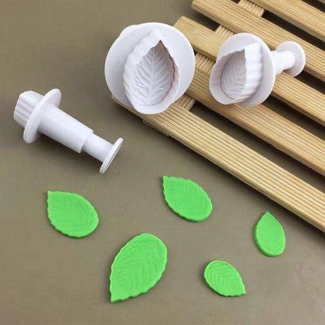 Lot de 3 emporte-pièces à piston en forme de feuille de rose pour fondant, tampons à biscuits et accessoires de pâtisserie. (1/4)