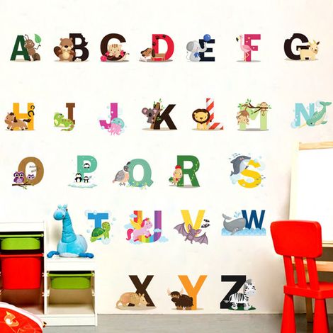 26 stickers muraux alphabet PVC pour chambre enfant, déco salle de jeu animaux ABC, autocollants muraux 26 pièces (1/5)