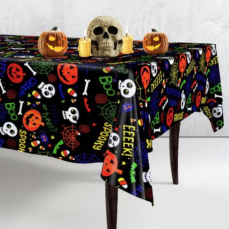 Cinq nappes noires à motif fantôme, nappes en plastique jetables, mesurant 137 x 274 cm, décorations pour une fête d'Halloween. (1/5)