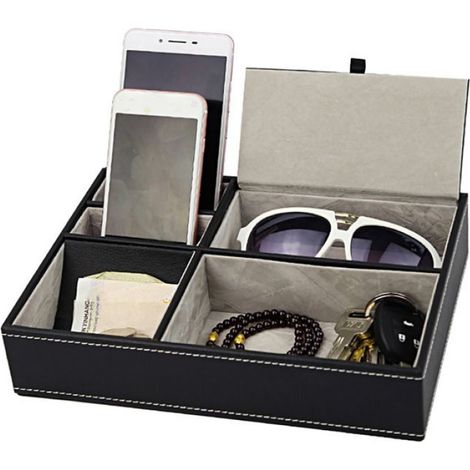 Boîte De Rangement Bureau - Cuir PU - 25.7 X 18.6 X 5.2 Cm - Pour Téléphone Lunettes Pièces - 1 Pièce (1/5)