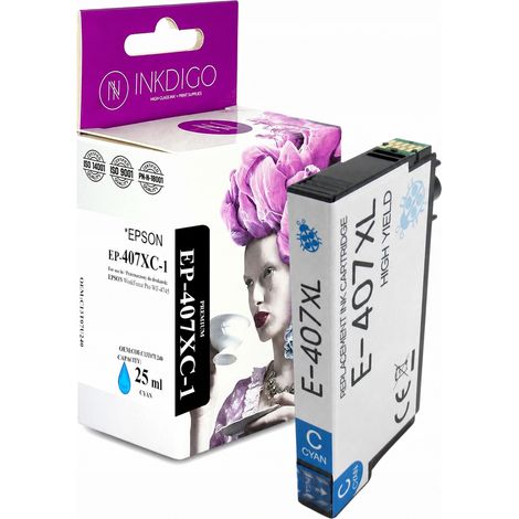 Inchiostro Inkdigo 407XL C compatibile con la stampante Epson WorkForce Pro WF-4745DTWF, certificato TÜV. (1/4)
