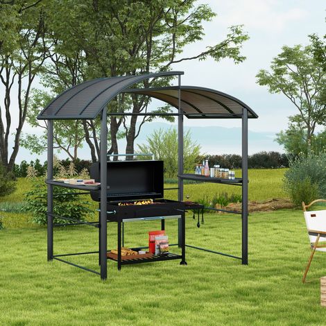 Cenador para barbacoa con techo y 2 estantes de almacenamiento, metal y policarbonato, 240x150x230cm, gris oscuro.