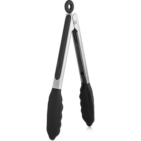 23cm 482°F Heat Resistant Silicone Kitchen Tongs with Hermetically Sealed Non-Stick Rubber Tips and Silicone Coated Steel Handle for Serving (Black) (1/5)