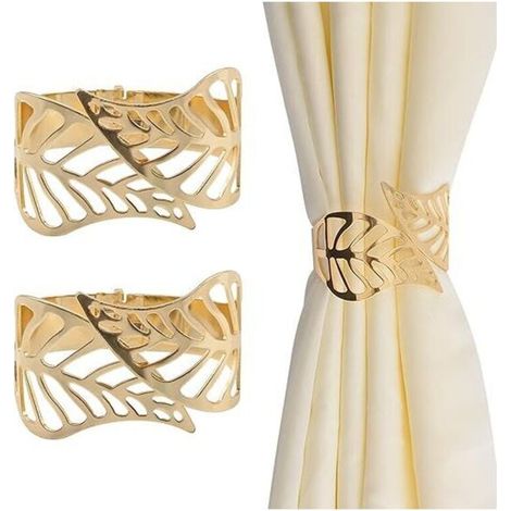 Embrasse de Rideaux, 2 pièces Métal Créatif Rideau Corde Boucles Feuille Creuse Pince à Rideau Décorative Accessoire Décoratif Fenêtre pour Bureau à Domicile (Or)