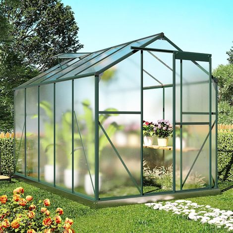 Four-season aluminum garden greenhouse, polycarbonate chalet with base and window for seedlings, plants and outdoor plants (1.8 x 3 m, green) (1/5)