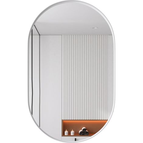 Armoire miroir ovale murale et encastrable avec étagères réglables, cadre métal, rangement salle de bain, toilette et chambre, blanc - CHICFURN (1/5)