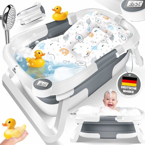 KIDIZ® Baby Badewanne Babywanne platzsparend & faltbar Badebecken Duschwanne für Neugeborene Kleinkinder 0-24 Monate Reisedusche tragbar für Babys mit Thermostat & Kissen - Anthrazit