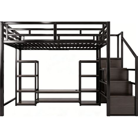 Lit mezzanine 140x200 cm noir avec support TV, prise et escalier de rangement en métal et MDF (1/5)