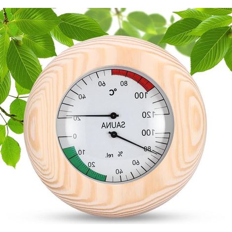 Termómetro e higrómetro redondo de madera para sauna: medidor preciso de temperatura y humedad en interiores. (1/5)