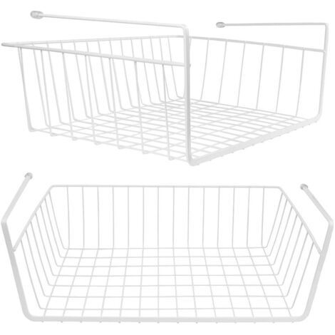 QORVA-Lot de 2 paniers de rangement suspendus en fil métallique, blancs, pour dessous d'armoires, étagères coulissantes complémentaires pour cuisines, garde-manger, bureaux et étagères