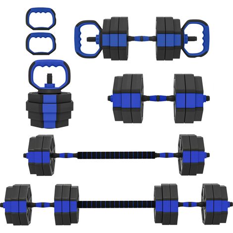 Haltères réglables 30 kg 6-en-1, barre de musculation, kettlebell et support pompes, bleu (1/5)