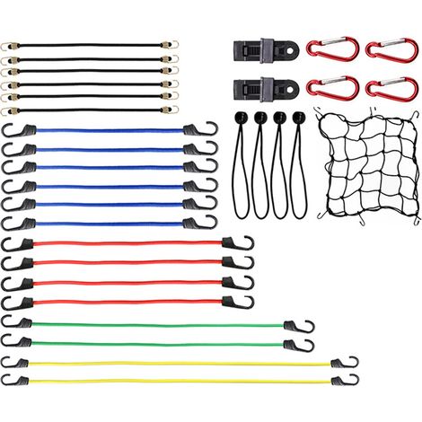 Hochwertige elastische Spanner mit Haken, Set mit 32 Bungee-Seilen, Planenklammern, elastisches Netz. Lieferung im Transportkoffer.