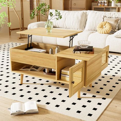 Höhenverstellbarer Couchtisch – hochklappbare Platte und Türen aus Rattan – 103 x 50 x 46/60 cm – funktionales Design – Holz und Schwarz