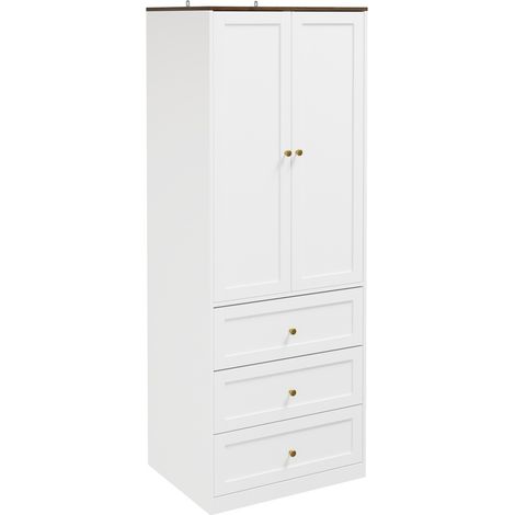 SoBuy Armario Ropero Blanco con 2 Puertas y 3 Cajones Mueble Auxiliar Pequeño con Luz LED 70×55×187 cm Capacidad de carga 50 kg KSB04-W (1/5)