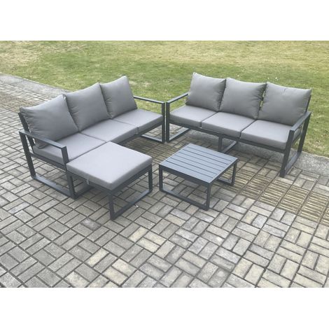 Fimous Aluminium 4 Pieces Garden Furniture Sofa Set with Cushions 7 Seater Outdoor Patio Set with Square Coffee Table Big Footstool Dark Grey (1/5)