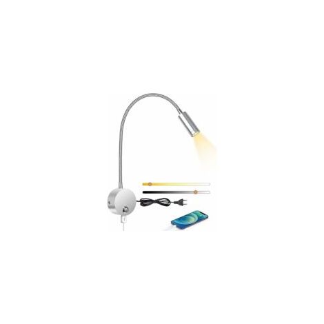 Wand-Leseleuchte, LED-Wand-Leseleuchte mit Touch-Schalter und USB-Ladeanschluss, 3 W, 360° drehbar, 3000–6000 K, silber [Energieeffizienzklasse C]. – Crezuo (1/4)