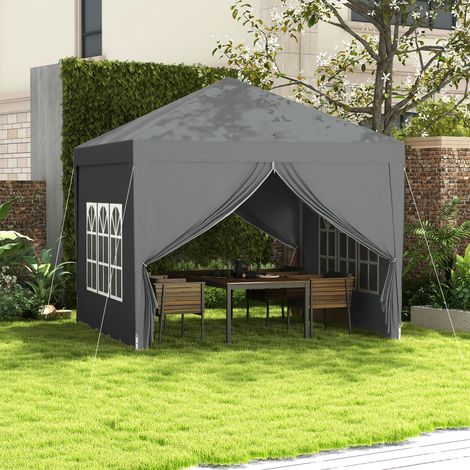 Cenador plegable de exterior de 3x3 m con 4 paneles laterales, en acero y tela Oxford gris claro.