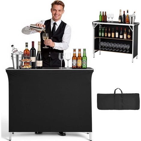 Table de Bar Pliable Portable, 1100x385x885 mm, avec Sac de Transport, 2 Étagères de Rangement et Jupe Amovible, Comptoir de Bar Mobile pour Événements, Fêtes, Foires et Salons (1/5)
