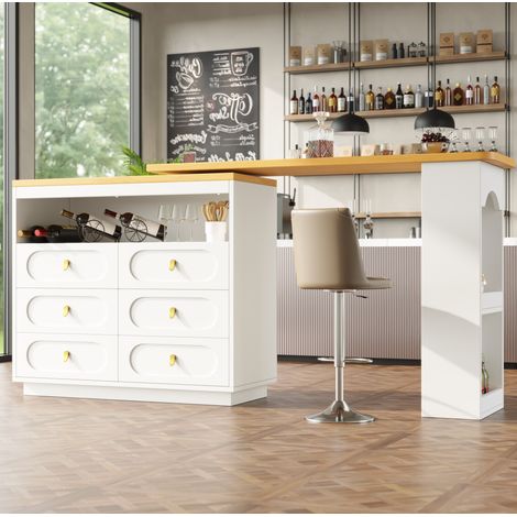 Table de bar extensible pivotante à 360° 137-203x39x90 cm avec 6 tiroirs, blanc (1/5)