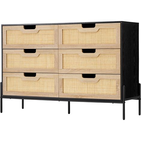 Commode 6 tiroirs rotin naturel et bois 40x120x82 cm, style ferme moderne, pieds métal, finition chêne et noir pour chambre salon entrée (1/5)