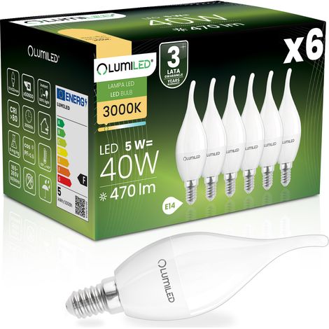 6 lampadine LED E14 a candela BA35 5W = 40W 470lm 3000K Luce calda 180° LUMILED