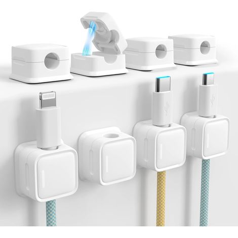 Organisateur de câbles, lot de 8 clips magnétiques de bureau, blanc (1/4)